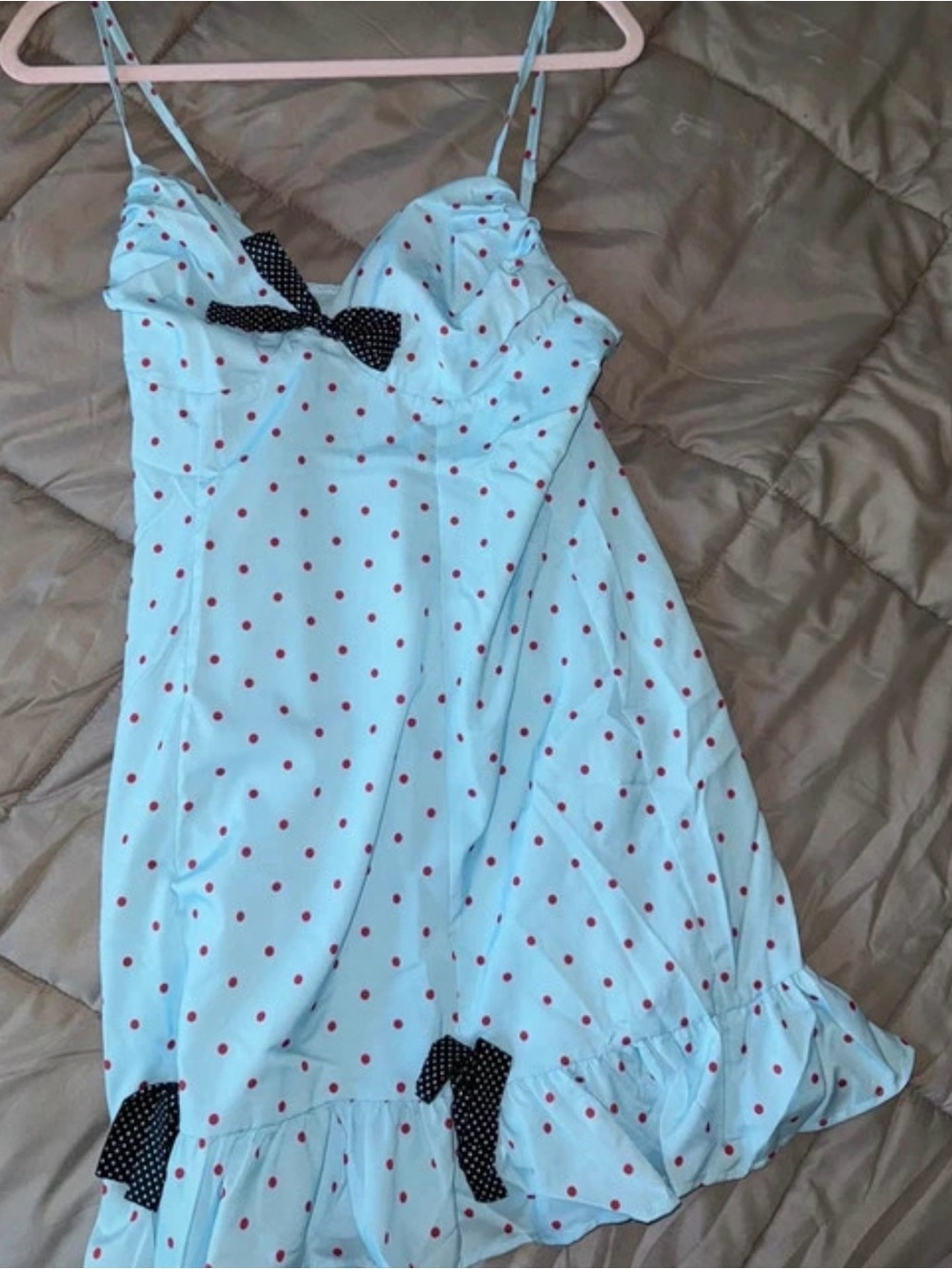 Cider Light Blue Polka Dot Spaghetti-Strap Dress with Black Bow Trim